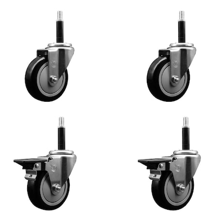 Service Caster 4'' Black Poly Wheel Swivel 3/4'' Expanding Stem Caster Set 2 Brakes, 4PK SCC-EX20S414-PPUB-BLK-2-PLB-2-34